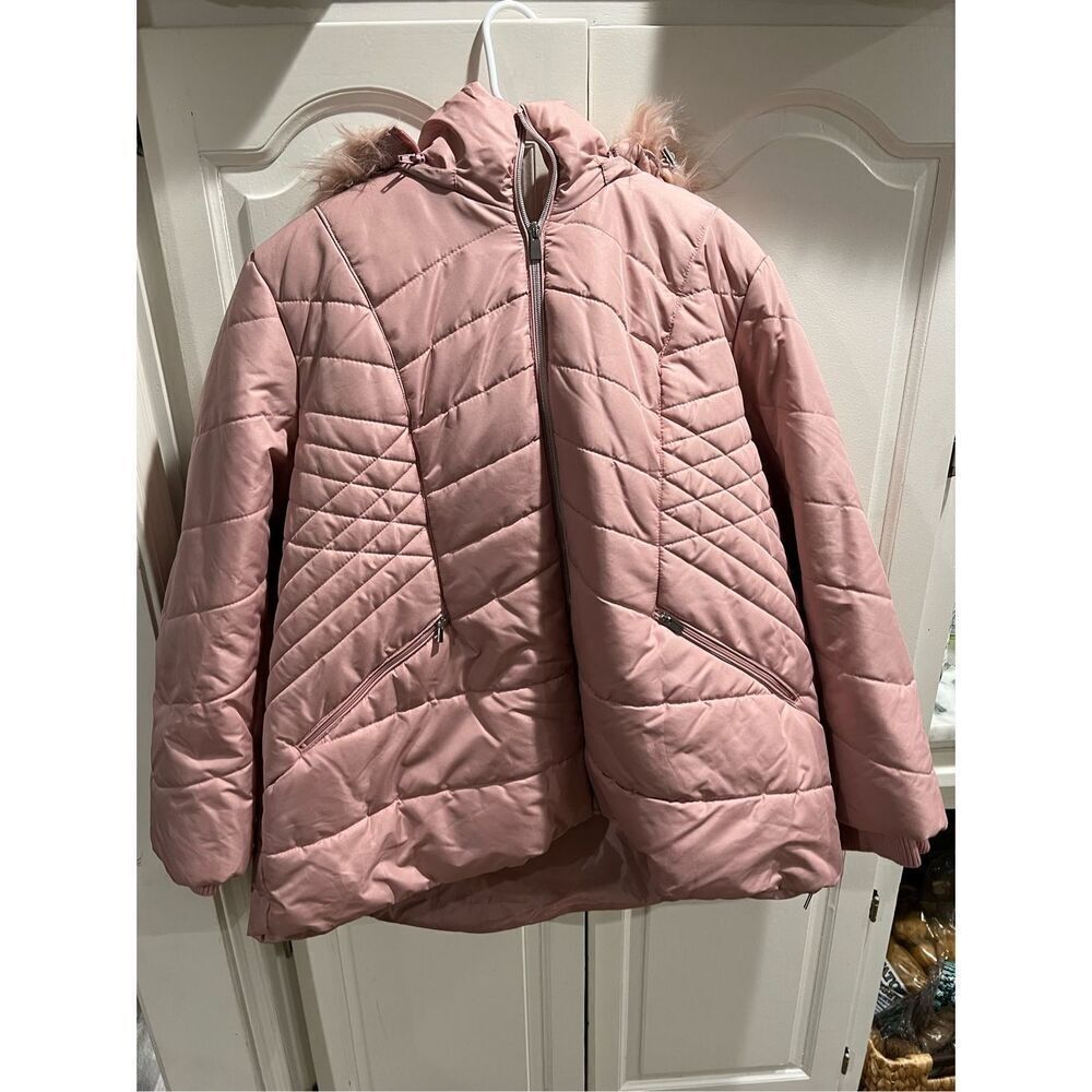 Details Women's Long Sleeve Quilted Puffer Jacket with Faux Fur Trim 2XL